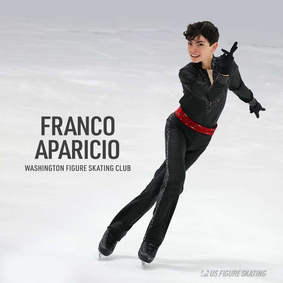 Photo of Franco Aparicio wearing a long sleeve black top and black pants with a red belt. To the left is his name and the text "Washington Figure Skating Club" written in black text