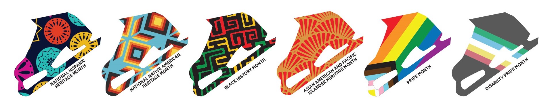 Graphic of six skates each representing the six heritage months celebrated by U.S. Figure Skating. In order: Hispanic Heritage Month, Native American Heritage Month, Black History Month, Asian American and Pacific Islander Heritage Month, Pride Month and Disability Pride Month