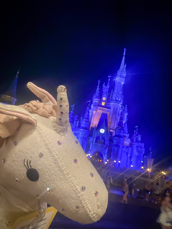 Photo of the Terryl Tossie - a unicorn head plush - in front of the castle at Disney World