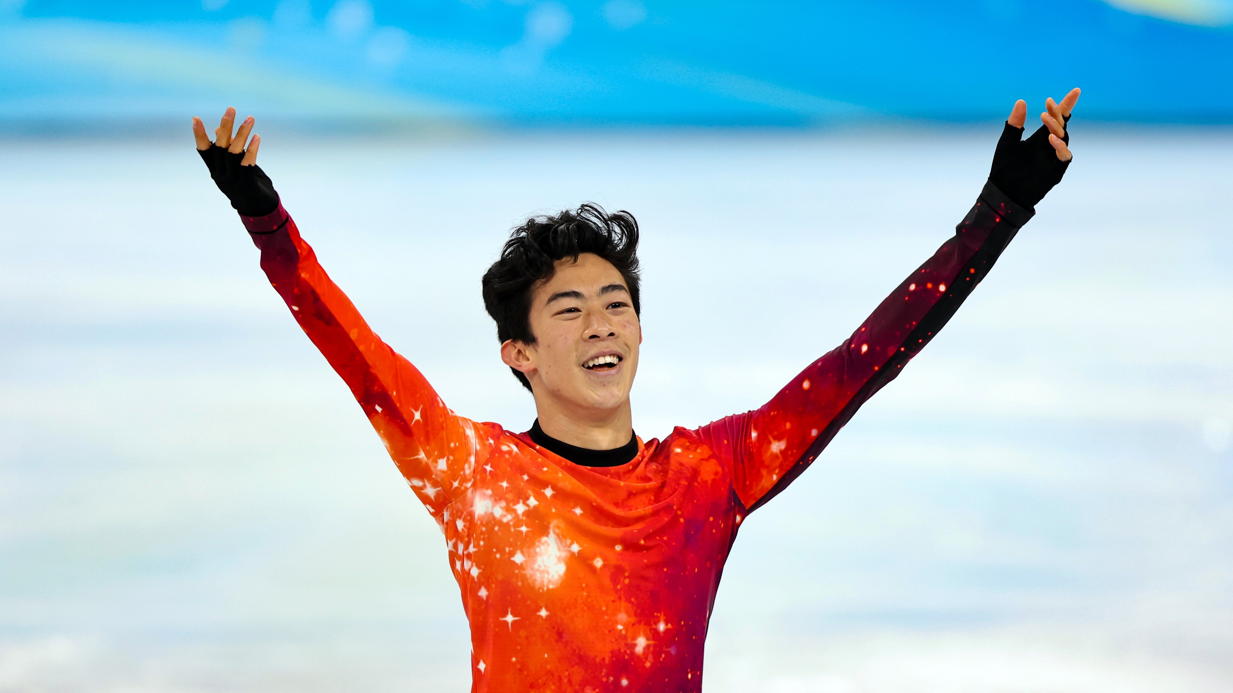 Nathan Chen celebrates after competing in the free skate at the 2022 Beijing Olympic Games 